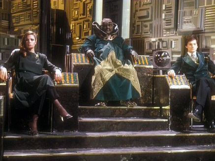 "A frog with a funny hairdo".  L-R - Enlightenment (Annie Lambert), Monarch (Stratford Johns) and Persusaion (Paul Shelley)